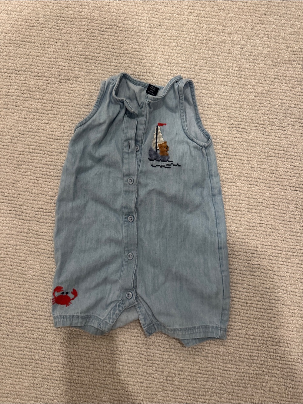 GAP Light Blue Denim Romper with Sailboat and Red Crab